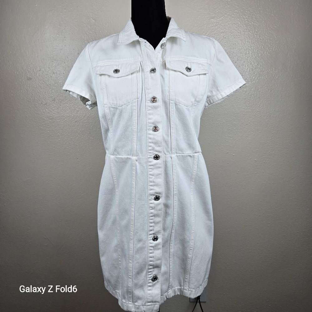 MNG Mango White Denim Shirt Dress Large Button Front Pockets‎ 100% Cotton